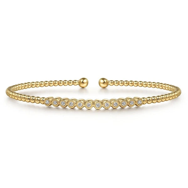 14K Yellow Gold Bujukan Bead Cuff Bracelet with Bezel Set Diamond Stations