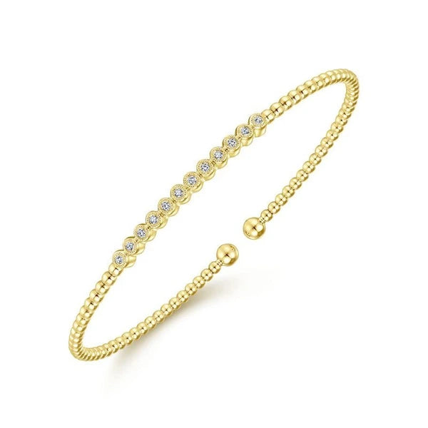 14K Yellow Gold Bujukan Bead Cuff Bracelet with Bezel Set Diamond Stations