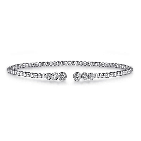 14K White Gold Bujukan Bead Split Cuff Bracelet with Bezel Set Diamonds
