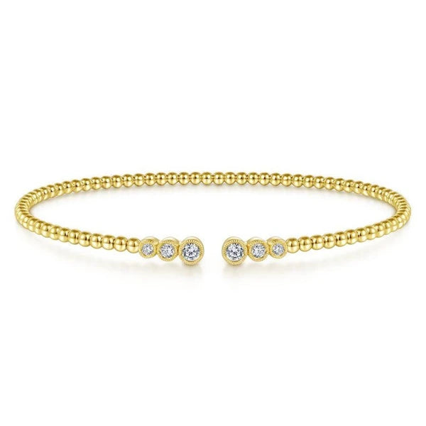 14K Yellow Gold Bujukan Bead Split Cuff Bracelet with Bezel Set Diamonds