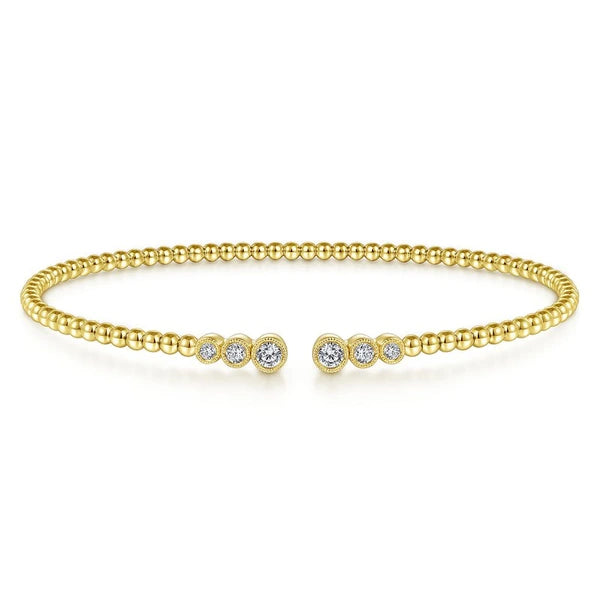 14K Yellow Gold Bujukan Bead Split Cuff Bracelet with Bezel Set Diamonds