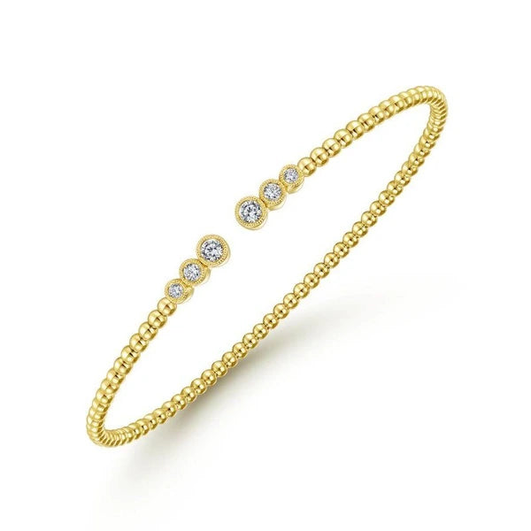 14K Yellow Gold Bujukan Bead Split Cuff Bracelet with Bezel Set Diamonds