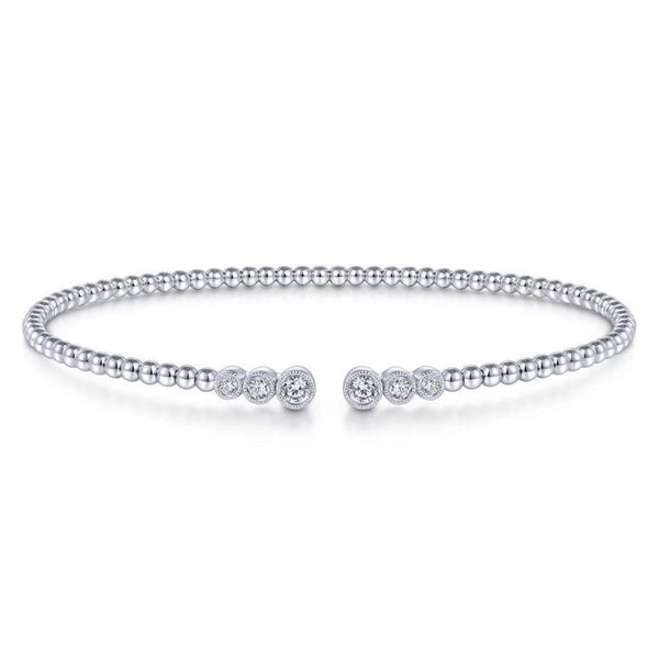 14K White Gold Bujukan Bead Split Cuff Bracelet with Bezel Set Diamonds