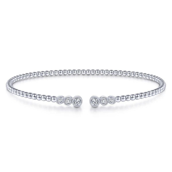 14K White Gold Bujukan Bead Split Cuff Bracelet with Bezel Set Diamonds