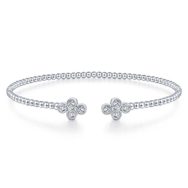 14K White Gold Bujukan Bead Split Cuff Bracelet with Quatrefoil Diamond Endcaps