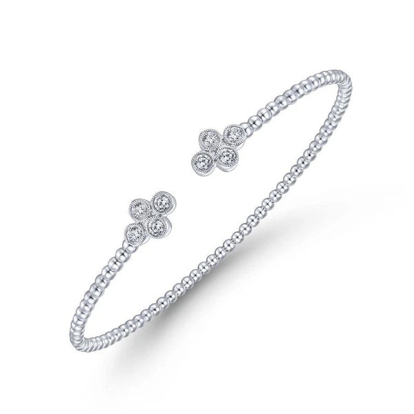 14K White Gold Bujukan Bead Split Cuff Bracelet with Quatrefoil Diamond Endcaps