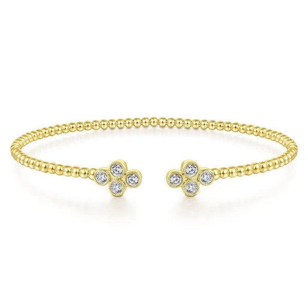 14K Yellow Gold Bujukan Bead Split Cuff Bracelet with Quatrefoil Diamond Endcaps