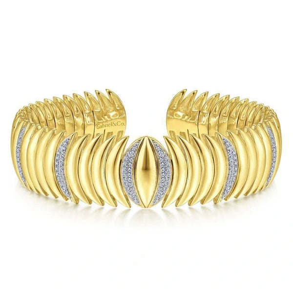 14K Yellow Gold Stacked Crescent Cuff Bracelet with e Diamond Stations