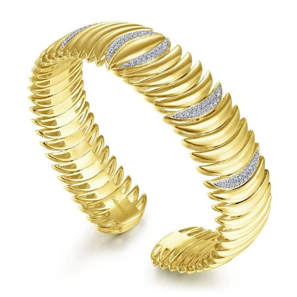 14K Yellow Gold Stacked Crescent Cuff Bracelet with e Diamond Stations