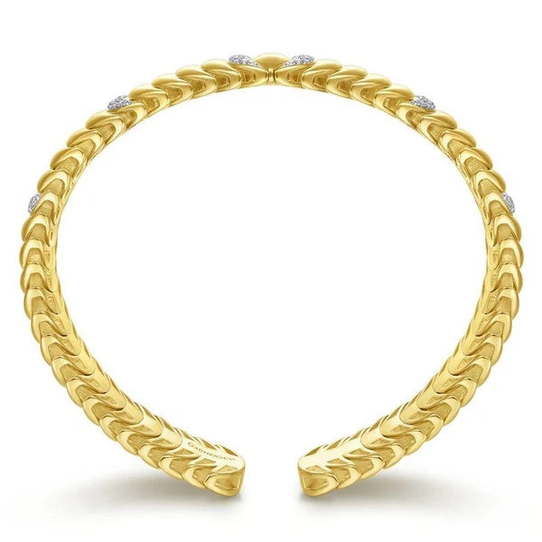 14K Yellow Gold Stacked Crescent Cuff Bracelet with e Diamond Stations