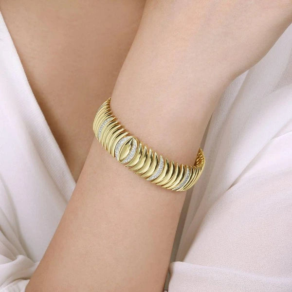 14K Yellow Gold Stacked Crescent Cuff Bracelet with e Diamond Stations