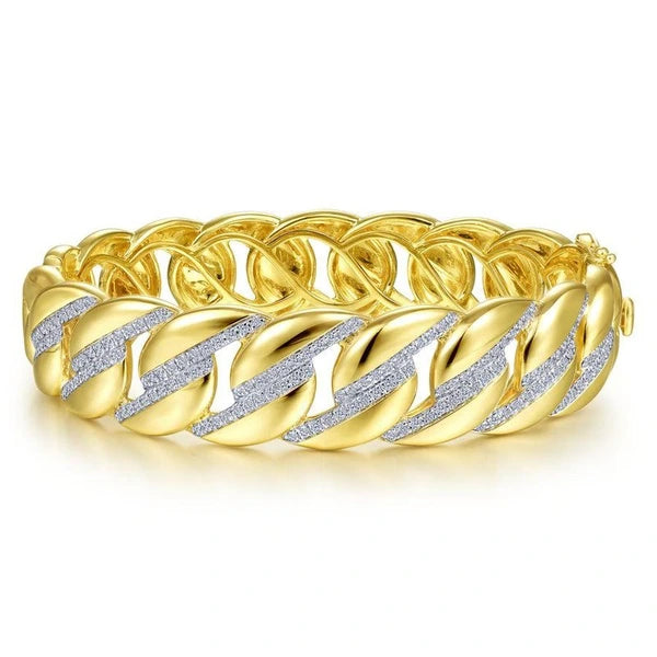14K Yellow Gold Chain Link Bangle with Diamond e Stations