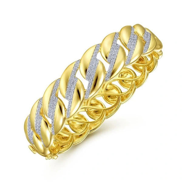 14K Yellow Gold Chain Link Bangle with Diamond e Stations