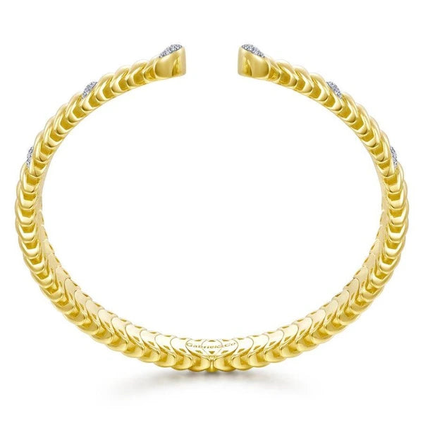 14K Yellow Gold Crescent Moon Open Cuff Bracelet with Diamond e Stations