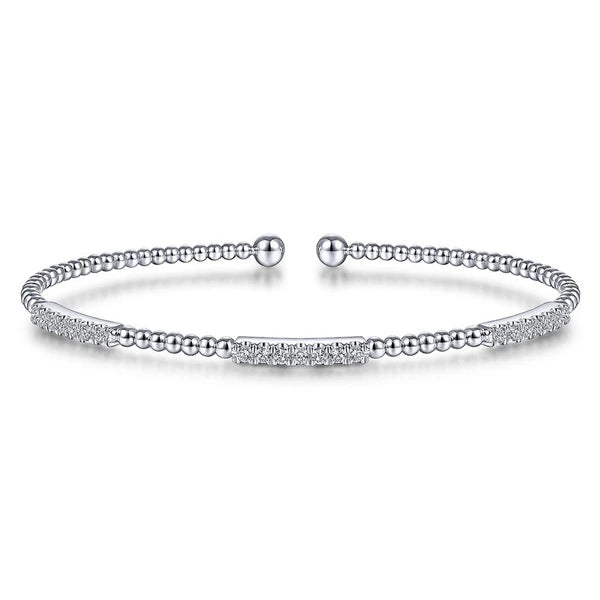 14K White Gold Bujukan Bead Cuff Bracelet with Diamond e Stations