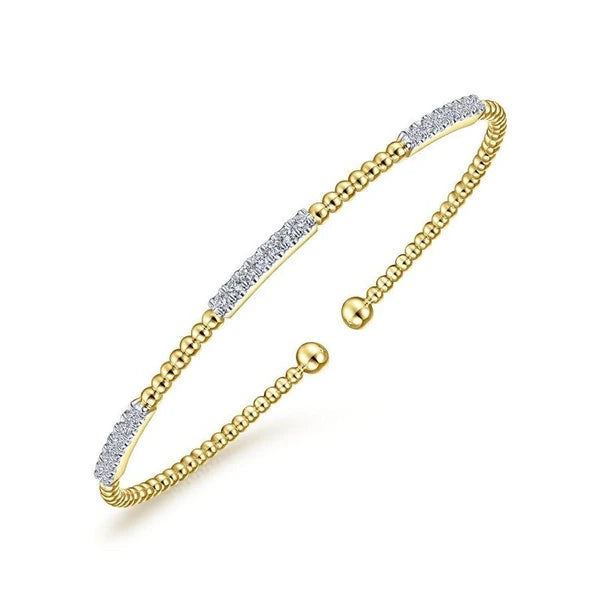 14K Yellow Gold Bujukan Bead Cuff Bracelet with Diamond e Stations
