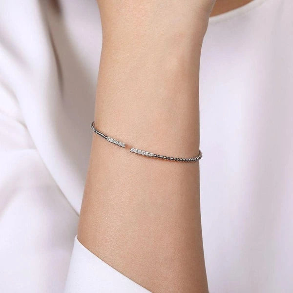 14K White Gold Bujukan Bead Cuff Bracelet with Diamond e Bars