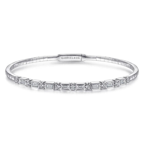 14K White Gold Alternating Baguette and Round Diamond Bangle