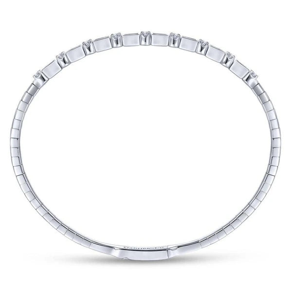 14K White Gold Alternating Baguette and Round Diamond Bangle
