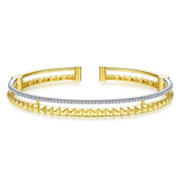 14K Yellow and White Gold Split Cuff with Pyramids and Diamonds