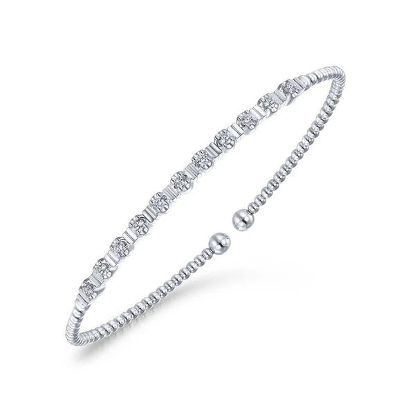 14K White Gold Bujukan Bead Cuff Bracelet with Diamond Stations