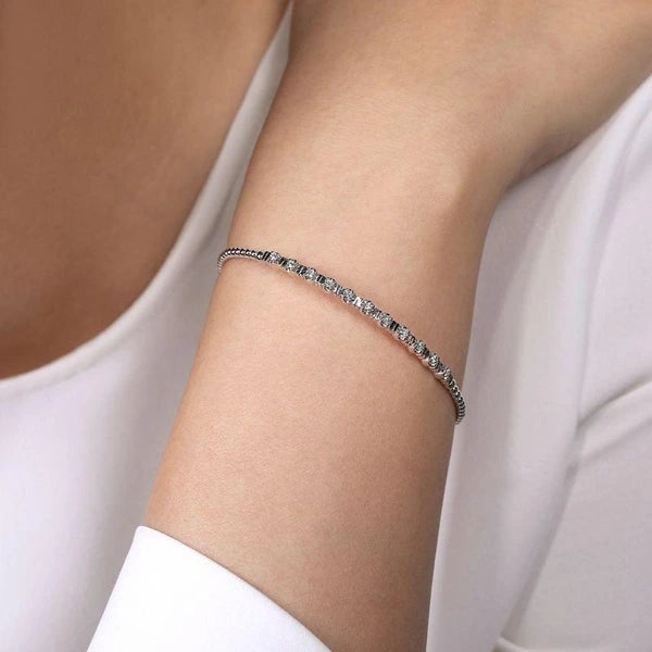 14K White Gold Bujukan Bead Cuff Bracelet with Diamond Stations