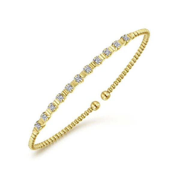 14K Yellow Gold Bujukan Bead Cuff Bracelet with Diamond Stations
