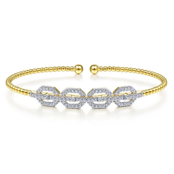 14K Yellow Gold Bujukan Bead Cuff Bracelet with Diamond PavÃ¢Ë†Å¡Ã‚Â© Links