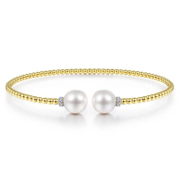 14K Yellow Gold Bujukan Bead Split Bracelet with Pearl and Diamond Caps