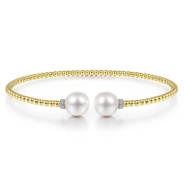 14K Yellow Gold Bujukan Bead Split Bracelet with Pearl and Diamond Caps