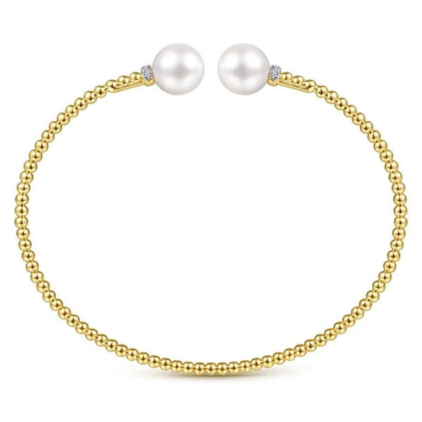 14K Yellow Gold Bujukan Bead Split Bracelet with Pearl and Diamond Caps