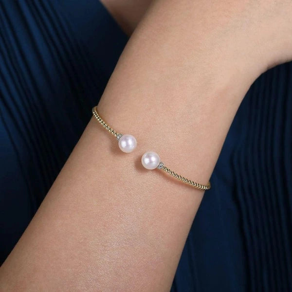 14K Yellow Gold Bujukan Bead Split Bracelet with Pearl and Diamond Caps