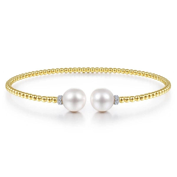 14K Yellow Gold Bujukan Bead Split Bracelet with Pearl and Diamond Caps