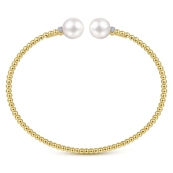 14K Yellow Gold Bujukan Bead Split Bracelet with Pearl and Diamond Caps