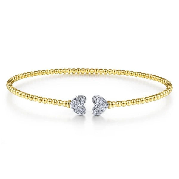 14K Yellow Gold Bujukan Split Cuff Bracelet with White Gold e Diamond Hearts