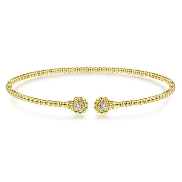 14K Yellow Gold Bujukan Split Cuff Bracelet with Diamond Flower Caps