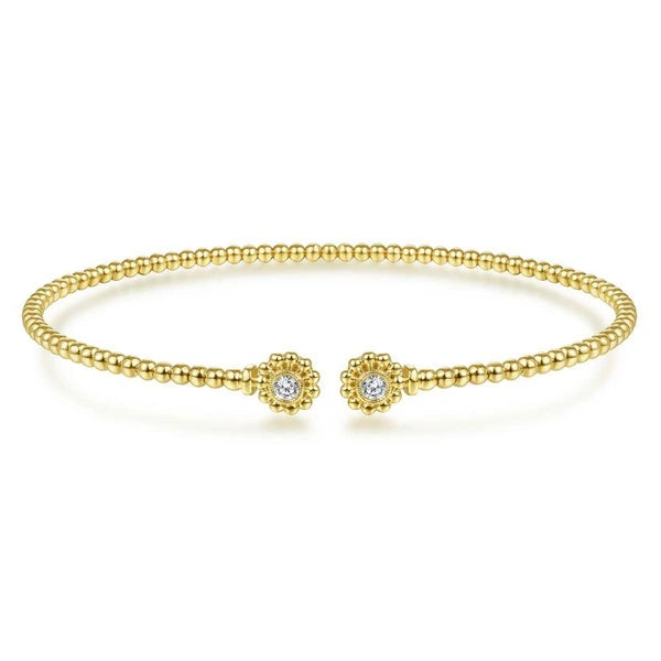 14K Yellow Gold Bujukan Split Cuff Bracelet with Diamond Flower Caps