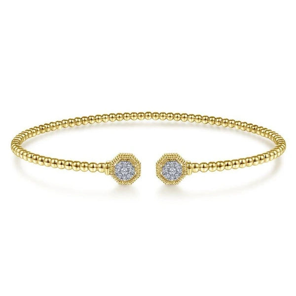 14K Yellow Gold Bujukan Split Cuff Bracelet with Diamond e Hexagon Caps