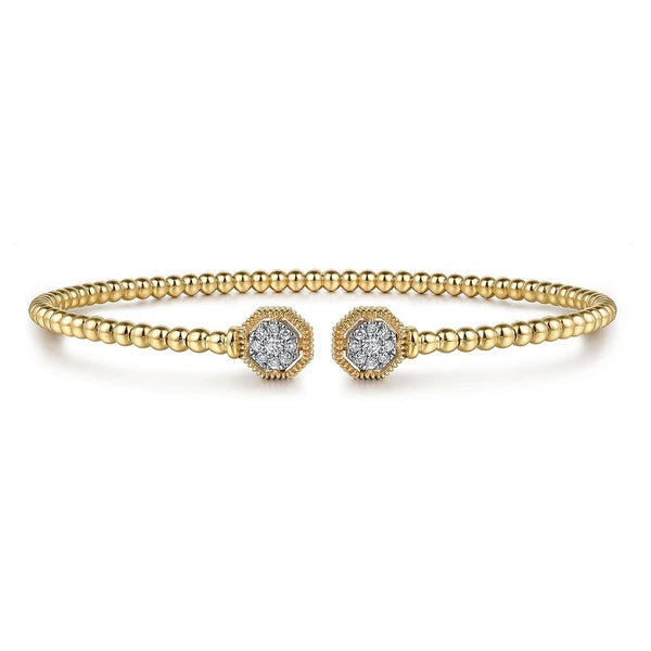 14K Yellow Gold Bujukan Split Cuff Bracelet with Diamond e Hexagon Caps