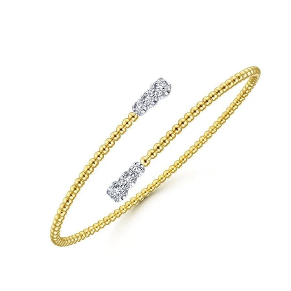14K Yellow Gold Bujukan Bead Bypass Bangle with Graduating Diamond Caps