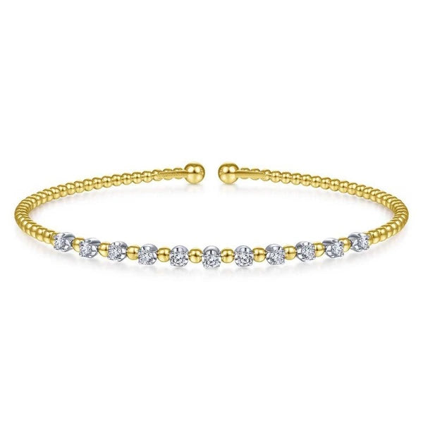14K Yellow Gold Bujukan Bead Split Cuff Bracelet with Round White Gold Diamond Stations