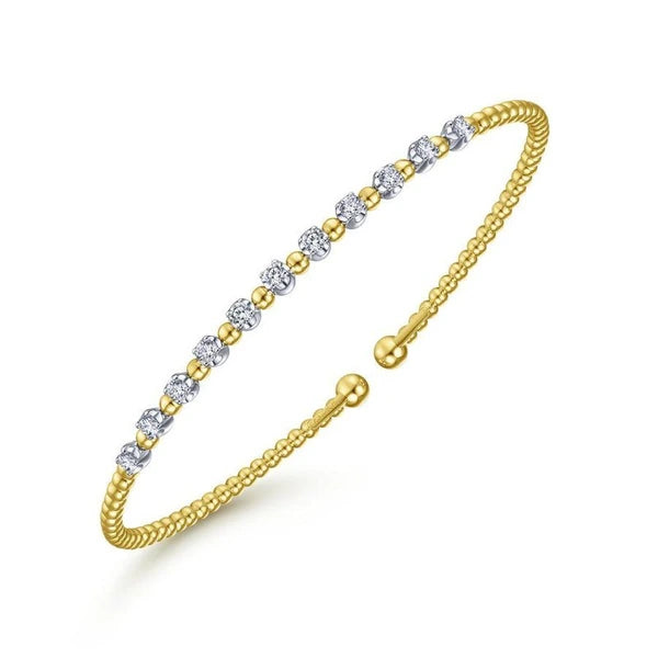 14K Yellow Gold Bujukan Bead Split Cuff Bracelet with Round White Gold Diamond Stations