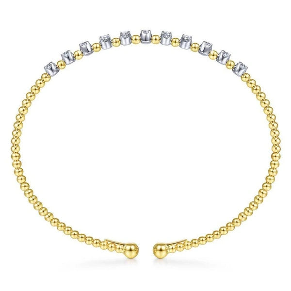 14K Yellow Gold Bujukan Bead Split Cuff Bracelet with Round White Gold Diamond Stations