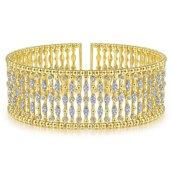 Wide 14K Yellow Gold Cage Cuff Bracelet with Diamond Stations