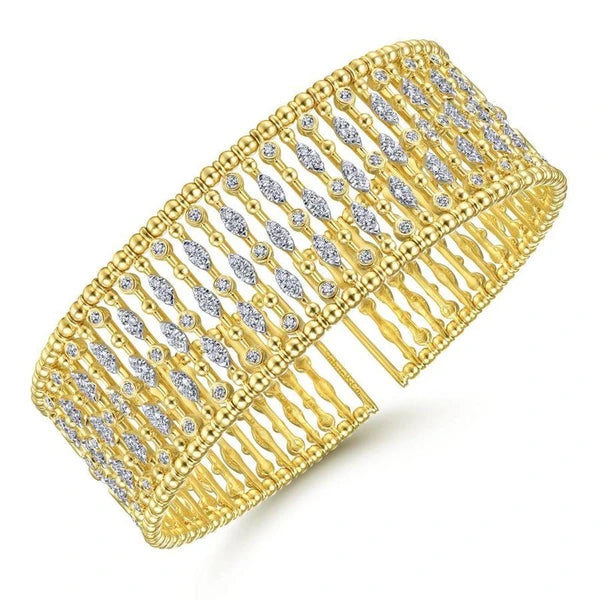 Wide 14K Yellow Gold Cage Cuff Bracelet with Diamond Stations
