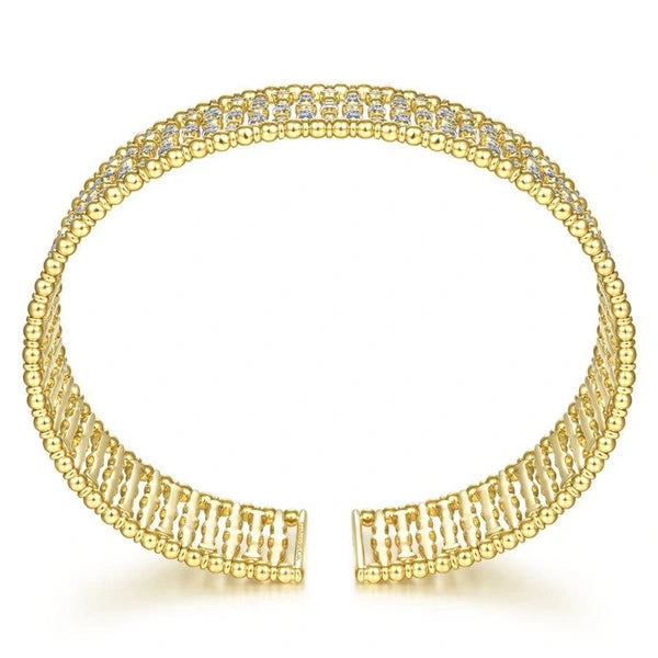 Wide 14K Yellow Gold Cage Cuff Bracelet with Diamond Stations
