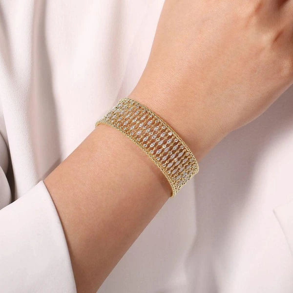 Wide 14K Yellow Gold Cage Cuff Bracelet with Diamond Stations