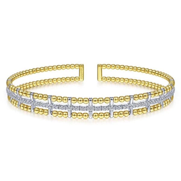 14K Yellow and White Gold Bujukan Bead Cuff Bracelet with Inner Diamond Channel