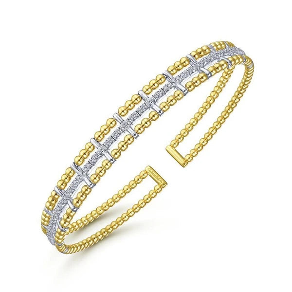 14K Yellow and White Gold Bujukan Bead Cuff Bracelet with Inner Diamond Channel