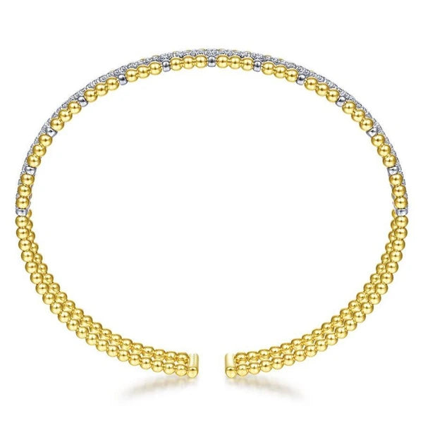 14K Yellow and White Gold Bujukan Bead Cuff Bracelet with Inner Diamond Channel
